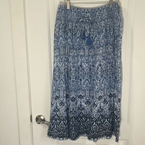 J. Jill Smocked Waist Tassel Midi Skirt S | Boho Cotton Blend Print